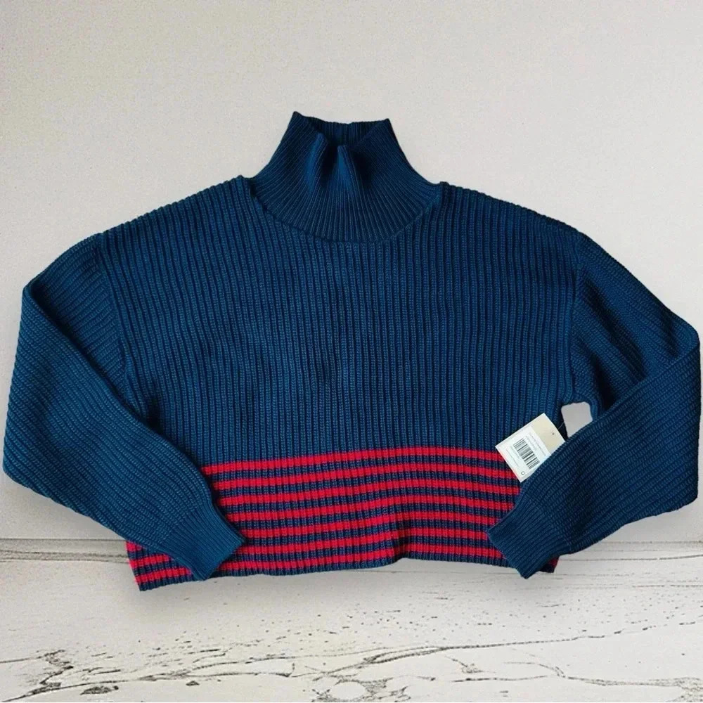 NWT FOR DAYS Chunky Rib Turtleneck Organic Cotton Sweater in Navy Red Stripe S